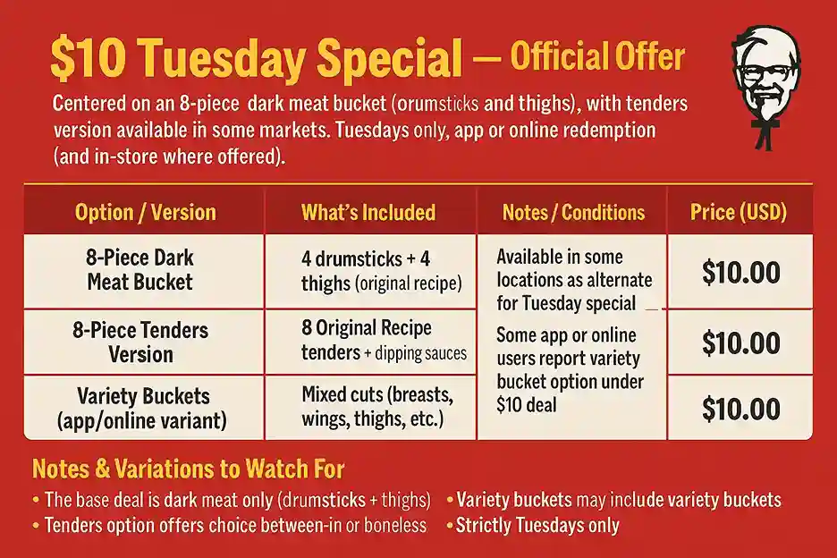 KFC $10 Tuesday Specials menu